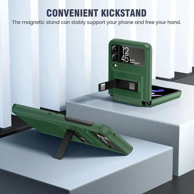 Alt view image 3 of 7 - Caka for Galaxy Z Flip 3 5G Kickstand Case, Z Flip 3 Case with Camera Protector Hinge Protection Heavy Duty Shockproof Protection Wireless Charging Cover for Samsung Galaxy Z Flip 3 Green