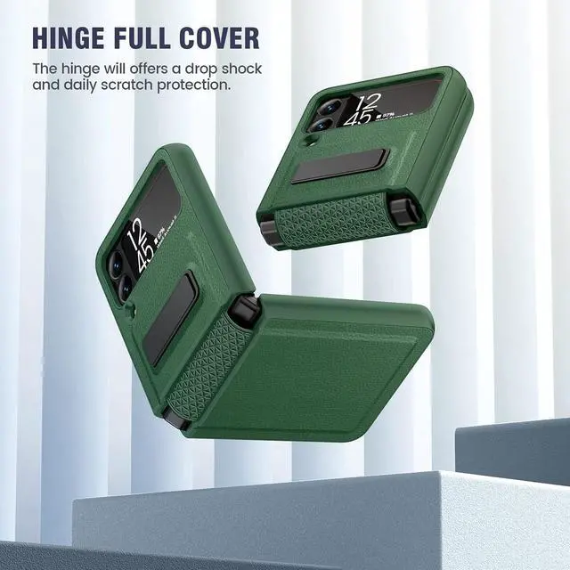 Alt view image 5 of 7 - Caka for Galaxy Z Flip 3 5G Kickstand Case, Z Flip 3 Case with Camera Protector Hinge Protection Heavy Duty Shockproof Protection Wireless Charging Cover for Samsung Galaxy Z Flip 3 Green