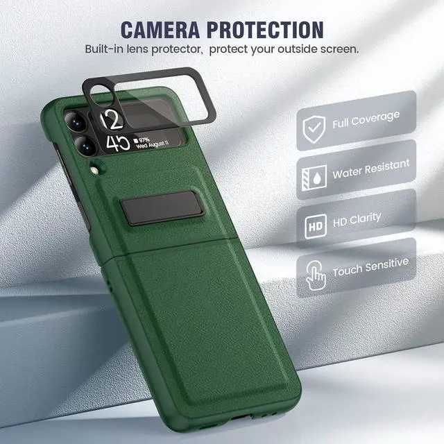 Alt view image 4 of 7 - Caka for Galaxy Z Flip 3 5G Kickstand Case, Z Flip 3 Case with Camera Protector Hinge Protection Heavy Duty Shockproof Protection Wireless Charging Cover for Samsung Galaxy Z Flip 3 Green