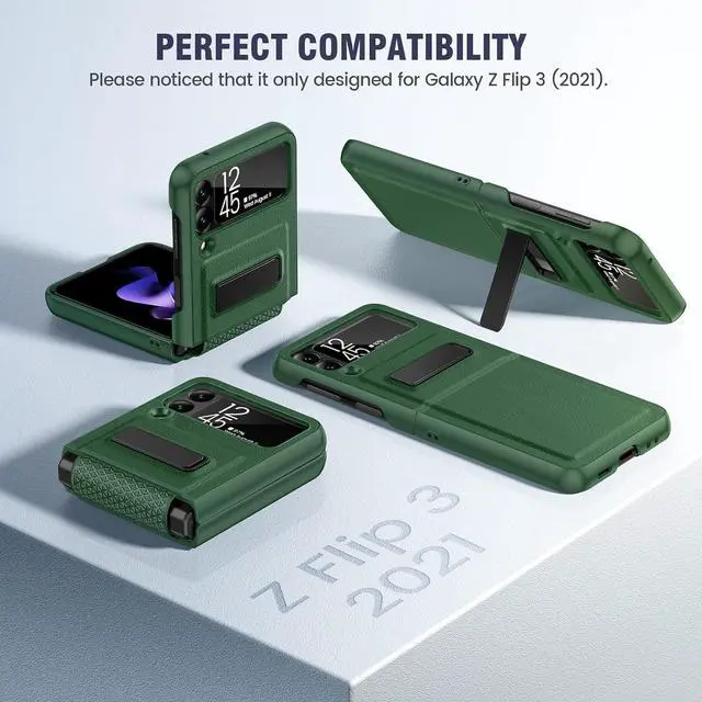 Alt view image 7 of 7 - Caka for Galaxy Z Flip 3 5G Kickstand Case, Z Flip 3 Case with Camera Protector Hinge Protection Heavy Duty Shockproof Protection Wireless Charging Cover for Samsung Galaxy Z Flip 3 Green