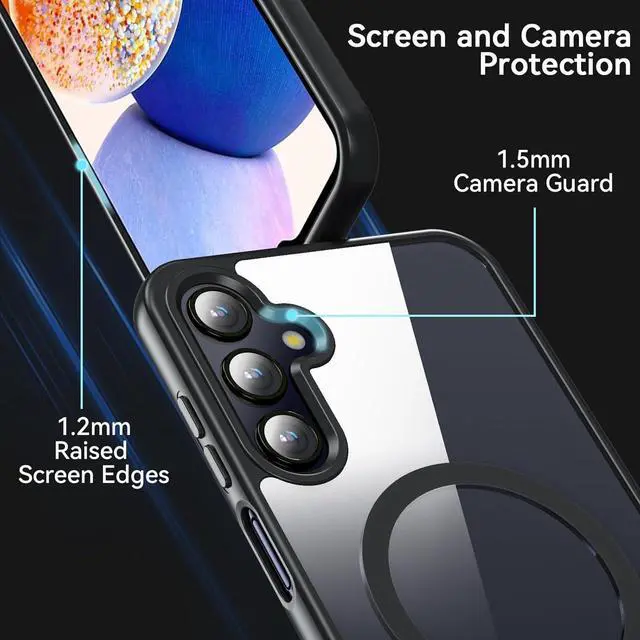 Alt view image 5 of 7 - Magnetic Case for Samsung Galaxy A15, Samsung A15 5G Case with Screen Protector, [Military-Grade Drop Protection] Transparent Back Protective Phone Case Shockproof for Samsung A15 (Black)