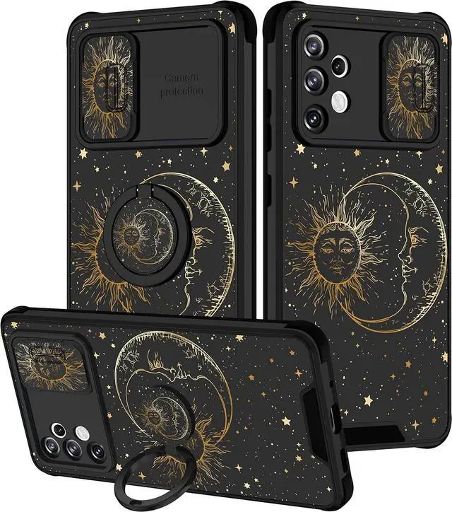 Main image of Goocrux (2in1 for Samsung Galaxy A32 5G Case Sun and Moon Women Girls Cute Stars Space Phone Cover with Slide Camera Cover+Ring Holder Fashion Golden Print Design Cases for Galaxy A 32 6.5''