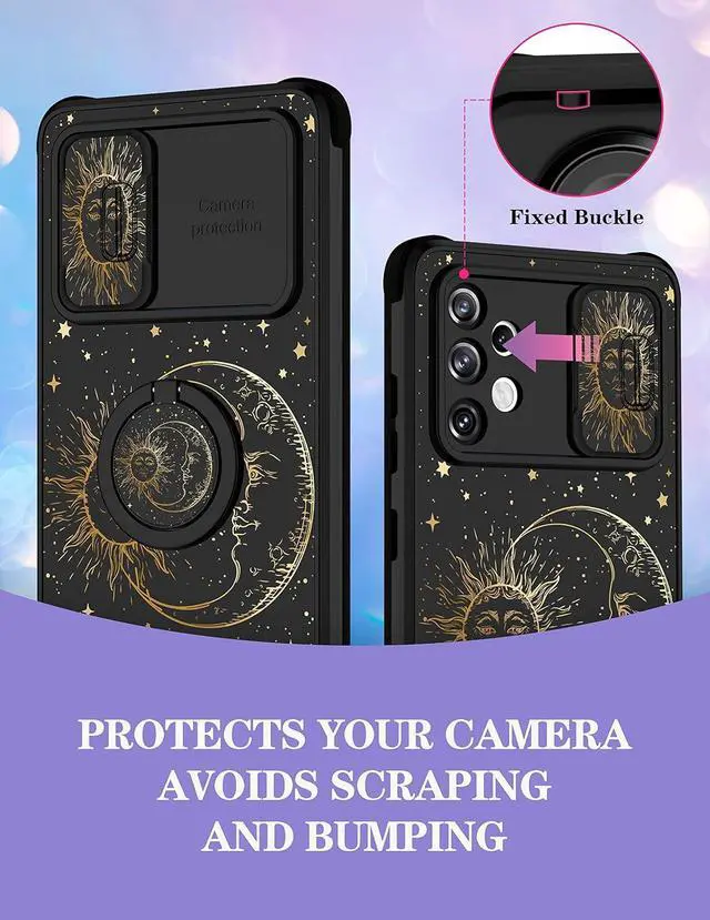 Alt view image 3 of 6 - Goocrux (2in1 for Samsung Galaxy A32 5G Case Sun and Moon Women Girls Cute Stars Space Phone Cover with Slide Camera Cover+Ring Holder Fashion Golden Print Design Cases for Galaxy A 32 6.5''