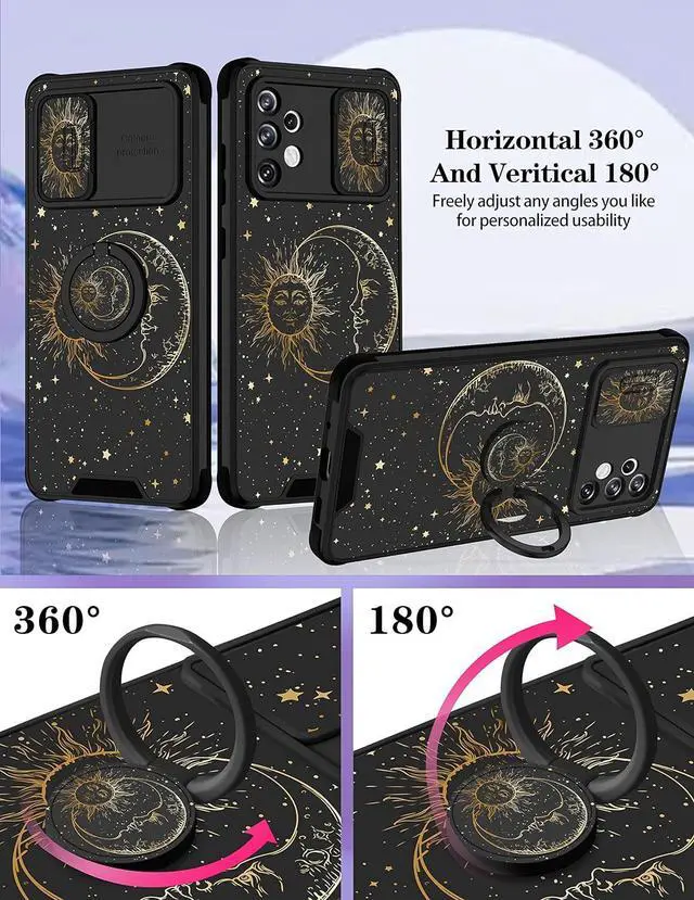 Alt view image 4 of 6 - Goocrux (2in1 for Samsung Galaxy A32 5G Case Sun and Moon Women Girls Cute Stars Space Phone Cover with Slide Camera Cover+Ring Holder Fashion Golden Print Design Cases for Galaxy A 32 6.5''