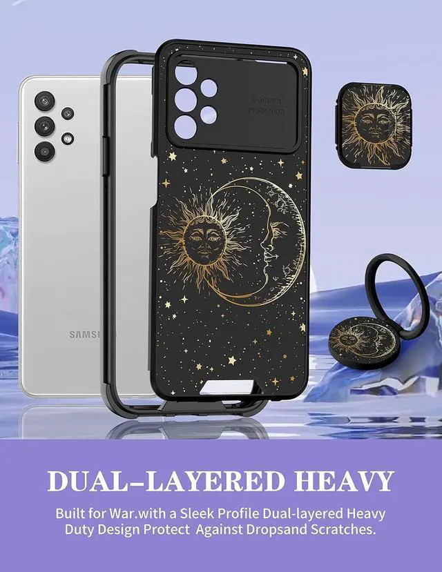 Alt view image 5 of 6 - Goocrux (2in1 for Samsung Galaxy A32 5G Case Sun and Moon Women Girls Cute Stars Space Phone Cover with Slide Camera Cover+Ring Holder Fashion Golden Print Design Cases for Galaxy A 32 6.5''