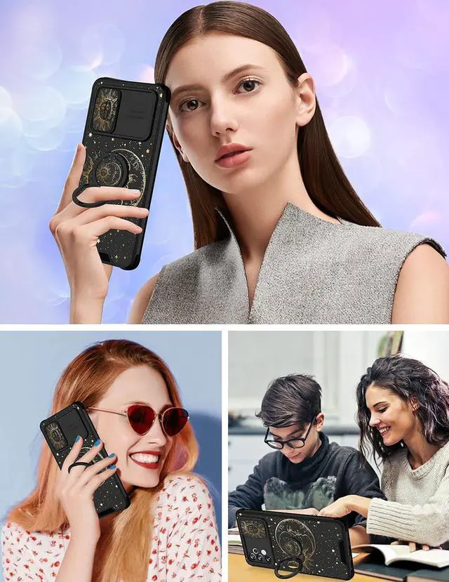Alt view image 6 of 6 - Goocrux (2in1 for Samsung Galaxy A32 5G Case Sun and Moon Women Girls Cute Stars Space Phone Cover with Slide Camera Cover+Ring Holder Fashion Golden Print Design Cases for Galaxy A 32 6.5''