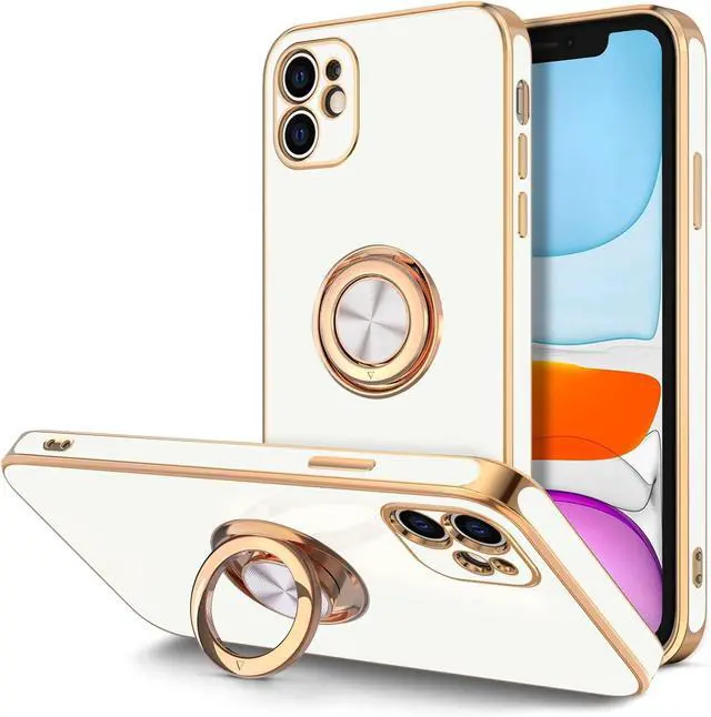 Main image of Hython for iPhone 11 Case with Ring Stand [360°Rotatable Ring Holder Magnetic Kickstand] [Shiny Plated Rose Gold Edge] Slim Soft TPU Cover Luxury Protective Phone Case for Women Men, White