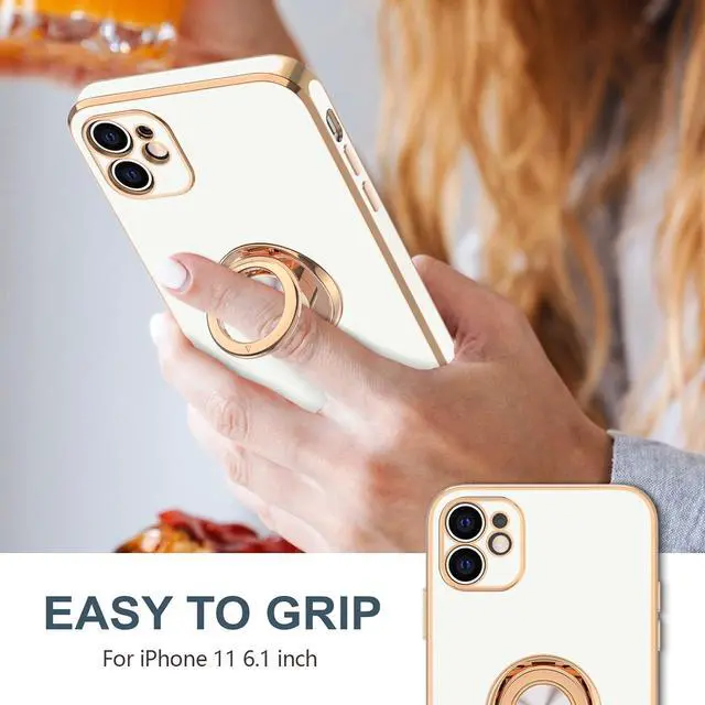 Alt view image 2 of 7 - Hython for iPhone 11 Case with Ring Stand [360°Rotatable Ring Holder Magnetic Kickstand] [Shiny Plated Rose Gold Edge] Slim Soft TPU Cover Luxury Protective Phone Case for Women Men, White