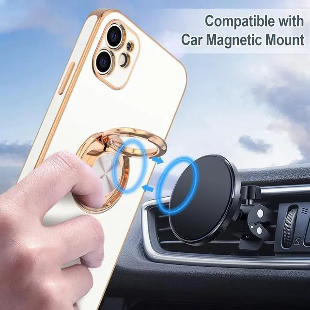 Alt view image 5 of 7 - Hython for iPhone 11 Case with Ring Stand [360°Rotatable Ring Holder Magnetic Kickstand] [Shiny Plated Rose Gold Edge] Slim Soft TPU Cover Luxury Protective Phone Case for Women Men, White