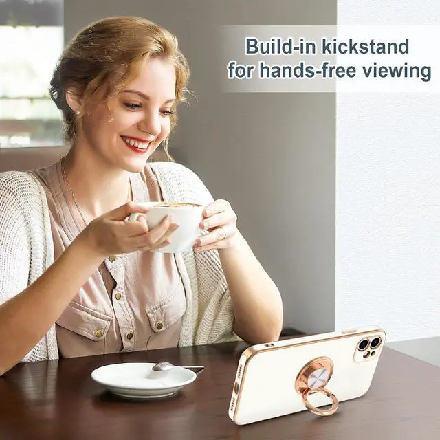 Alt view image 6 of 7 - Hython for iPhone 11 Case with Ring Stand [360°Rotatable Ring Holder Magnetic Kickstand] [Shiny Plated Rose Gold Edge] Slim Soft TPU Cover Luxury Protective Phone Case for Women Men, White