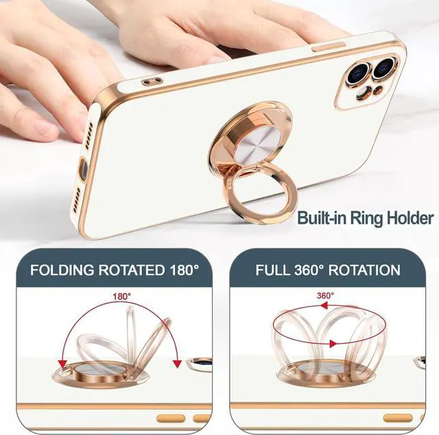 Alt view image 4 of 7 - Hython for iPhone 11 Case with Ring Stand [360°Rotatable Ring Holder Magnetic Kickstand] [Shiny Plated Rose Gold Edge] Slim Soft TPU Cover Luxury Protective Phone Case for Women Men, White