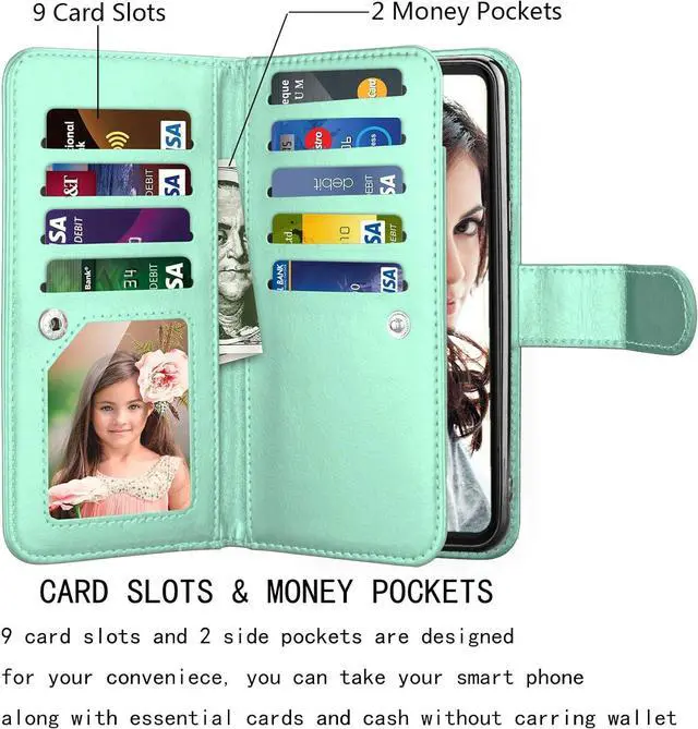 Alt view image 2 of 7 - NJJEX Compatible with LG G8 ThinQ Case/LG G8/ LG G8 ThinQ Wallet Case, [9 Card Slots] PU Leather ID Credit Holder Folio Flip Cover [Detachable][Kickstand] Magnetic Phone Case & Wrist Strap [Mint]