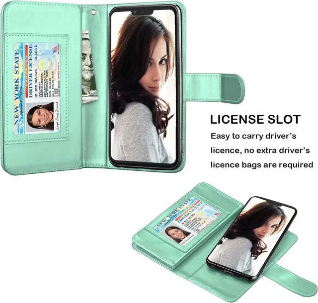 Alt view image 3 of 7 - NJJEX Compatible with LG G8 ThinQ Case/LG G8/ LG G8 ThinQ Wallet Case, [9 Card Slots] PU Leather ID Credit Holder Folio Flip Cover [Detachable][Kickstand] Magnetic Phone Case & Wrist Strap [Mint]