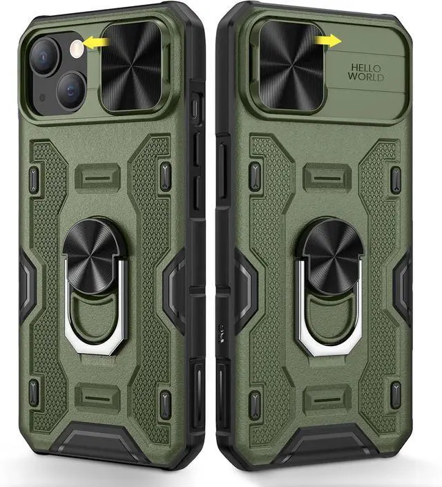 Main image of Caka for iPhone 14 Case, iPhone 13 Case with Camera Cover & Kickstand with Built-in 360°Rotate Ring Stand Heavy Duty Protective Phone Cover Case for iPhone 14 & iPhone 13 - Green