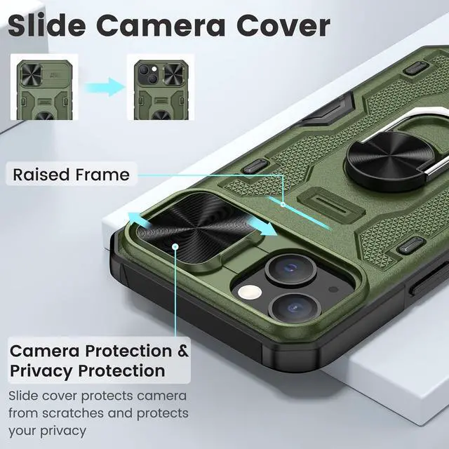 Alt view image 3 of 7 - Caka for iPhone 14 Case, iPhone 13 Case with Camera Cover & Kickstand with Built-in 360°Rotate Ring Stand Heavy Duty Protective Phone Cover Case for iPhone 14 & iPhone 13 - Green
