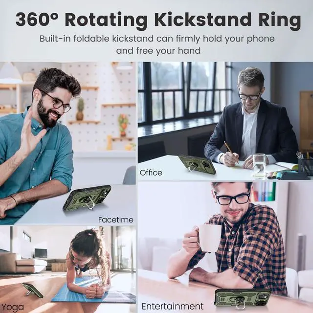 Alt view image 4 of 7 - Caka for iPhone 14 Case, iPhone 13 Case with Camera Cover & Kickstand with Built-in 360°Rotate Ring Stand Heavy Duty Protective Phone Cover Case for iPhone 14 & iPhone 13 - Green