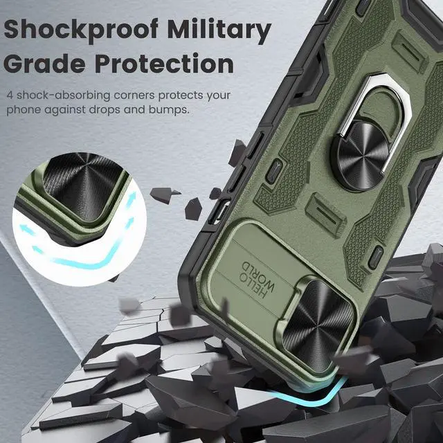 Alt view image 5 of 7 - Caka for iPhone 14 Case, iPhone 13 Case with Camera Cover & Kickstand with Built-in 360°Rotate Ring Stand Heavy Duty Protective Phone Cover Case for iPhone 14 & iPhone 13 - Green