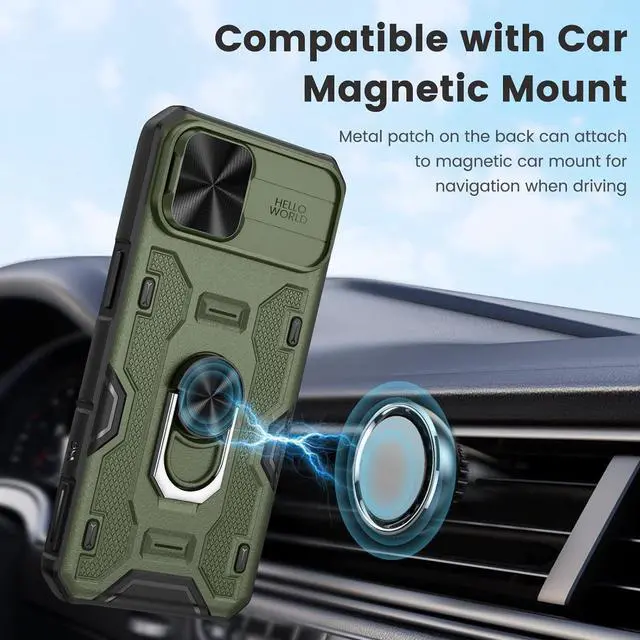 Alt view image 6 of 7 - Caka for iPhone 14 Case, iPhone 13 Case with Camera Cover & Kickstand with Built-in 360°Rotate Ring Stand Heavy Duty Protective Phone Cover Case for iPhone 14 & iPhone 13 - Green