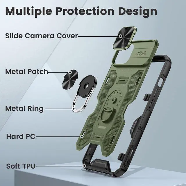 Alt view image 7 of 7 - Caka for iPhone 14 Case, iPhone 13 Case with Camera Cover & Kickstand with Built-in 360°Rotate Ring Stand Heavy Duty Protective Phone Cover Case for iPhone 14 & iPhone 13 - Green