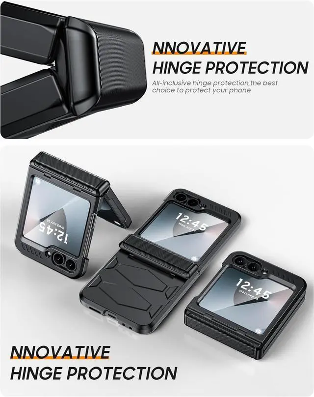 Alt view image 2 of 7 - Vizvera for Samsung Galaxy Z Flip 6 Case with Hinge Protection, Built-in Screen Protector Shockproof All-Inclusive Phone Cover for Z Flip 6/Z Flip 7 FE-Black