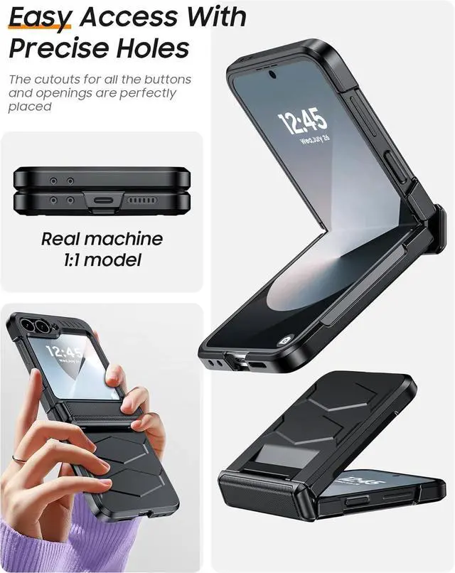 Alt view image 5 of 7 - Vizvera for Samsung Galaxy Z Flip 6 Case with Hinge Protection, Built-in Screen Protector Shockproof All-Inclusive Phone Cover for Z Flip 6/Z Flip 7 FE-Black