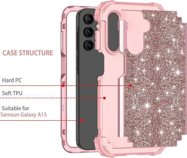 Alt view image 2 of 7 - LONTECT for Galaxy A15 5G Case Glitter Sparkly Bling 3 in 1 Shockproof Heavy Duty Hybrid Sturdy High Impact Protective Cover Case for Samsung Galaxy A15 6.5" 2024,Shiny Rose Gold