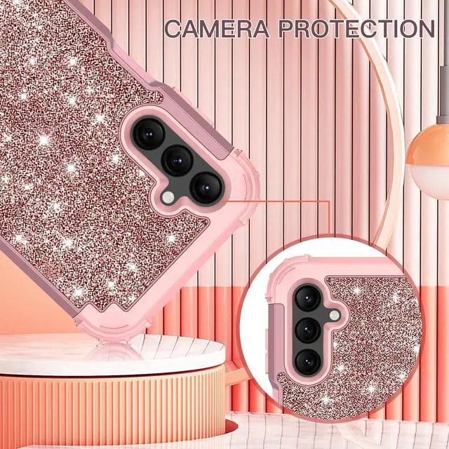 Alt view image 3 of 7 - LONTECT for Galaxy A15 5G Case Glitter Sparkly Bling 3 in 1 Shockproof Heavy Duty Hybrid Sturdy High Impact Protective Cover Case for Samsung Galaxy A15 6.5" 2024,Shiny Rose Gold