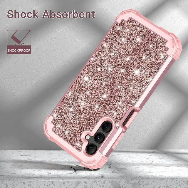 Alt view image 4 of 7 - LONTECT for Galaxy A15 5G Case Glitter Sparkly Bling 3 in 1 Shockproof Heavy Duty Hybrid Sturdy High Impact Protective Cover Case for Samsung Galaxy A15 6.5" 2024,Shiny Rose Gold