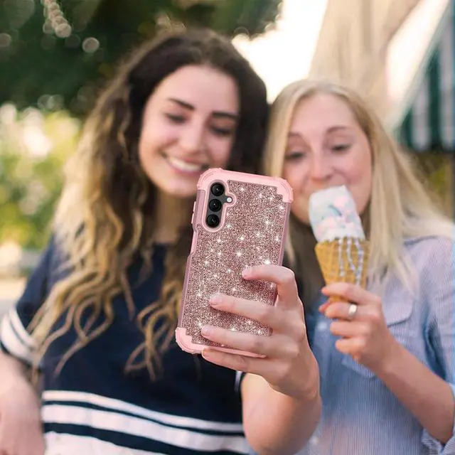 Alt view image 7 of 7 - LONTECT for Galaxy A15 5G Case Glitter Sparkly Bling 3 in 1 Shockproof Heavy Duty Hybrid Sturdy High Impact Protective Cover Case for Samsung Galaxy A15 6.5" 2024,Shiny Rose Gold