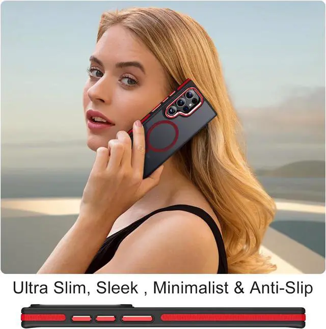 Alt view image 5 of 7 - Case for Samsung Galaxy S22 Ultra Magnetic Compatible with Magsafe, Slim Translucent Cover [Shockproof Tested] Anti-Slip Soft TPU Edge Protective Case for Galaxy S22 Ultra 5G (Black/Red)