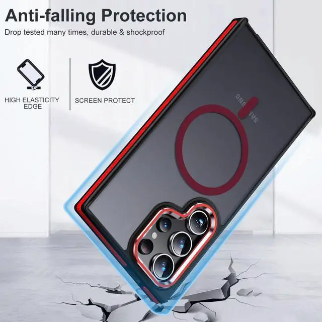 Alt view image 6 of 7 - Case for Samsung Galaxy S22 Ultra Magnetic Compatible with Magsafe, Slim Translucent Cover [Shockproof Tested] Anti-Slip Soft TPU Edge Protective Case for Galaxy S22 Ultra 5G (Black/Red)