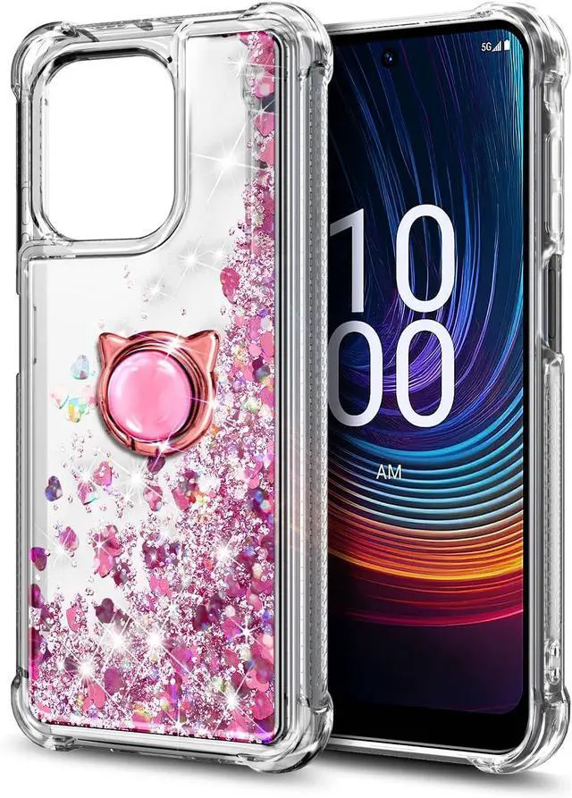 Alt view image 3 of 7 - Designed for Boost Celero5G+ 2024/Celero3 5G+ Phone Case with Tempered Glass Screen Protector/Ring Holder/Diamond Wrist Strap Lanyard, Glitter Floating Liquid Cute Women Kids Cover (Rose Gold)