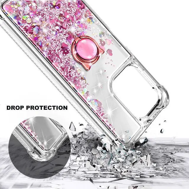 Alt view image 4 of 7 - Designed for Boost Celero5G+ 2024/Celero3 5G+ Phone Case with Tempered Glass Screen Protector/Ring Holder/Diamond Wrist Strap Lanyard, Glitter Floating Liquid Cute Women Kids Cover (Rose Gold)