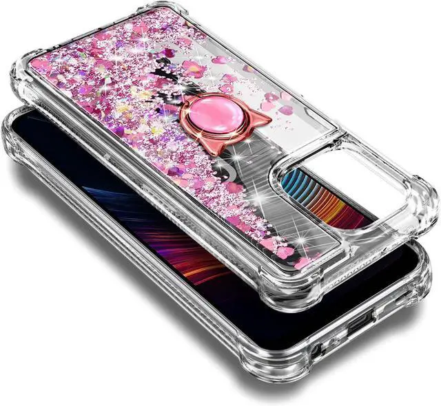 Alt view image 5 of 7 - Designed for Boost Celero5G+ 2024/Celero3 5G+ Phone Case with Tempered Glass Screen Protector/Ring Holder/Diamond Wrist Strap Lanyard, Glitter Floating Liquid Cute Women Kids Cover (Rose Gold)