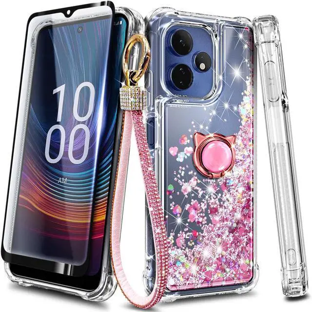 Alt view image 7 of 7 - Designed for Boost Celero5G+ 2024/Celero3 5G+ Phone Case with Tempered Glass Screen Protector/Ring Holder/Diamond Wrist Strap Lanyard, Glitter Floating Liquid Cute Women Kids Cover (Rose Gold)