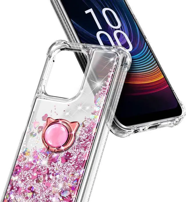 Alt view image 6 of 7 - Designed for Boost Celero5G+ 2024/Celero3 5G+ Phone Case with Tempered Glass Screen Protector/Ring Holder/Diamond Wrist Strap Lanyard, Glitter Floating Liquid Cute Women Kids Cover (Rose Gold)