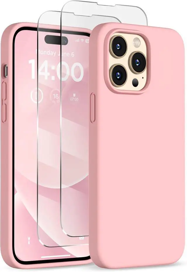 Main image of Designed for iPhone 14 Pro Max Case, Liquid Silicone Case [2X Screen Protectors], Shockproof Slim Thin Protective Phone Case with Soft Anti-Scratch Microfiber Lining, 6.7 inch, Peach Pink