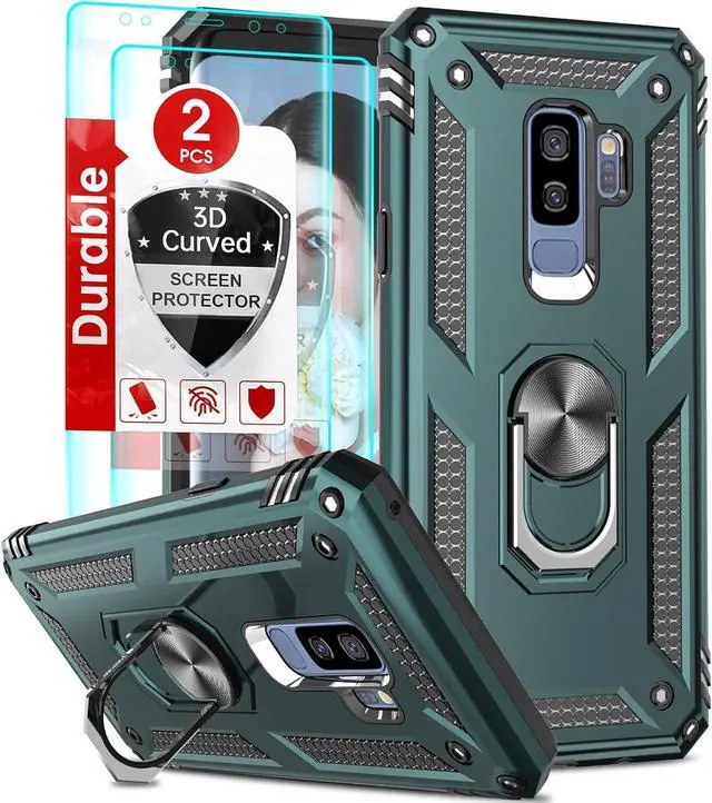 Main image of LeYi for Galaxy S9 Plus Phone Case, Samsung Galaxy S9 Plus Case with [2 Pack] 3D Curved Screen Protector for Men Women, [Military-Grade] Ring Kickstand Protective Case for Galaxy S9 Plus, Green