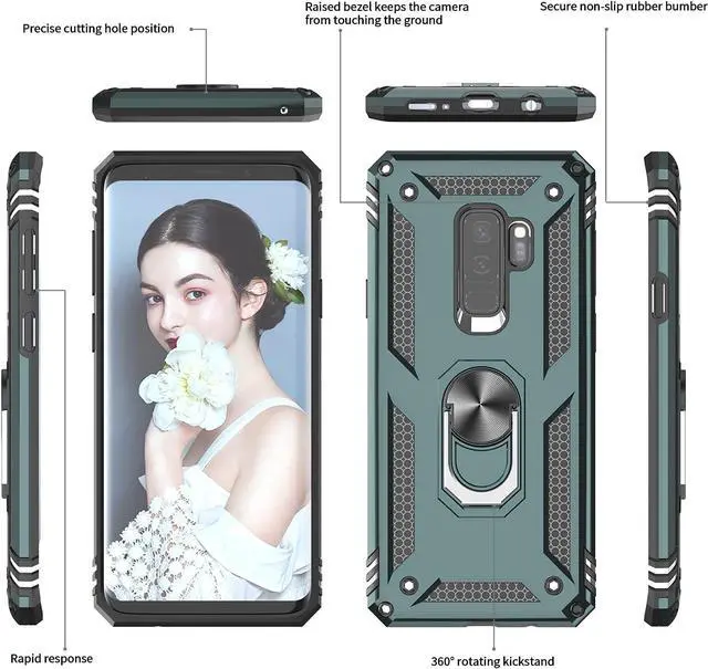 Alt view image 3 of 7 - LeYi for Galaxy S9 Plus Phone Case, Samsung Galaxy S9 Plus Case with [2 Pack] 3D Curved Screen Protector for Men Women, [Military-Grade] Ring Kickstand Protective Case for Galaxy S9 Plus, Green