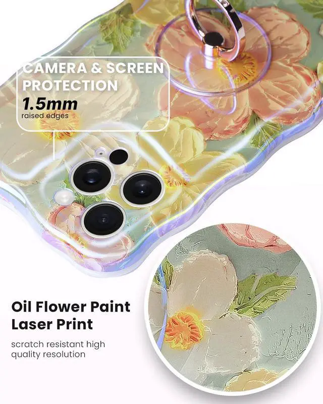 Alt view image 2 of 6 - Miss Arts Case for iPhone 13 Pro - Colorful Retro Oil Printed Flower Laser Glossy Pattern Cute Curly Wave Edge Phone Cover with Ring Holder - Stylish Durable TPU Protective for Girl Women - Green