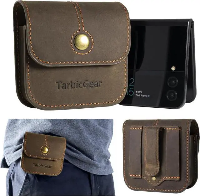 Main image of Holster for Samsung Z Flip 5/4/3, Motorola RAZR Series, Belt Clip Flip Phone Case with Card Holder & Magnetic Closure, Western Real Leather Pouch on Belt, Brown