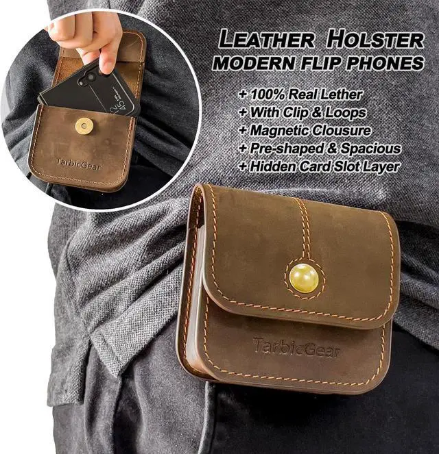 Alt view image 2 of 6 - Holster for Samsung Z Flip 5/4/3, Motorola RAZR Series, Belt Clip Flip Phone Case with Card Holder & Magnetic Closure, Western Real Leather Pouch on Belt, Brown