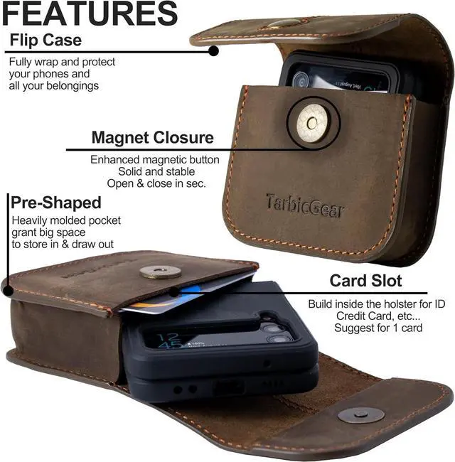 Alt view image 5 of 6 - Holster for Samsung Z Flip 5/4/3, Motorola RAZR Series, Belt Clip Flip Phone Case with Card Holder & Magnetic Closure, Western Real Leather Pouch on Belt, Brown