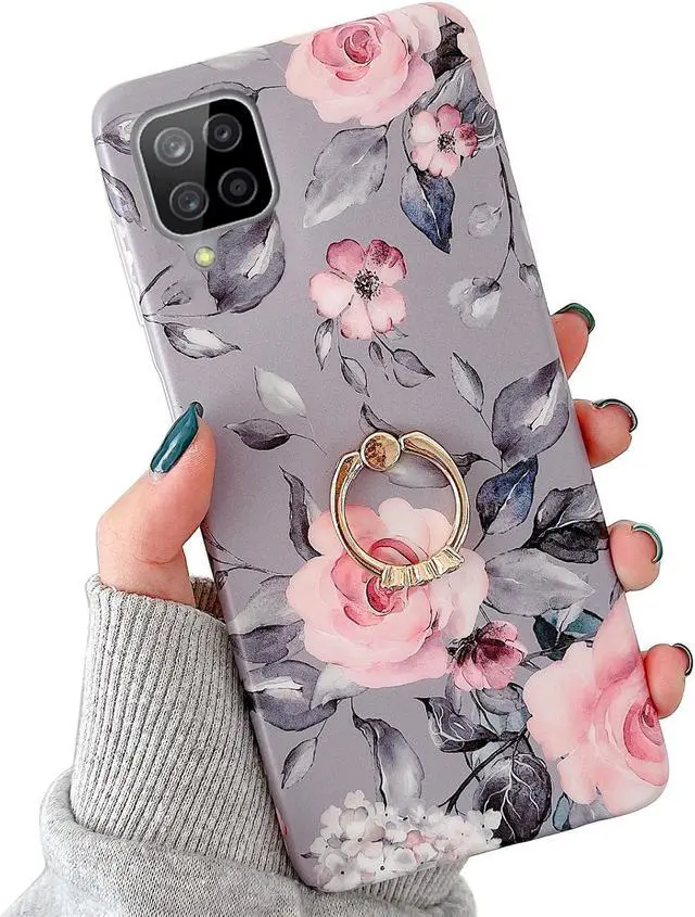 Alt view image 2 of 7 - Qokey Compatible for Samsung Galaxy A12 Case,Bling Cute for Women Girls with 360° Rotatable Ring Kickstand Soft TPU Shockproof Cover Designed for Galaxy A12 6.5 inch 2020 Released Gray Red Flower