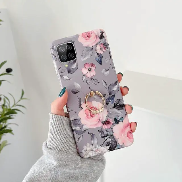 Alt view image 3 of 7 - Qokey Compatible for Samsung Galaxy A12 Case,Bling Cute for Women Girls with 360° Rotatable Ring Kickstand Soft TPU Shockproof Cover Designed for Galaxy A12 6.5 inch 2020 Released Gray Red Flower