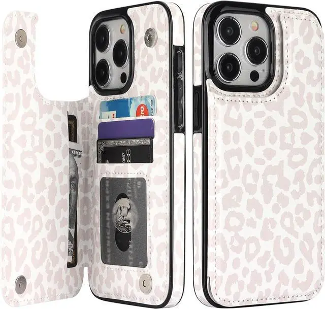 Main image of HAOPINSH for iPhone 15 Pro Max Case Wallet with Card Holder, White Leopard Cheetah Pattern Back Flip Folio PU Leather Kickstand Card Slots Case for Women Girls, Double Magnetic Clasp Cover 6.7"