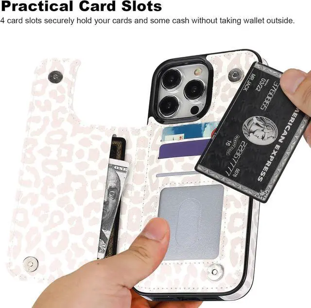 Alt view image 3 of 6 - HAOPINSH for iPhone 15 Pro Max Case Wallet with Card Holder, White Leopard Cheetah Pattern Back Flip Folio PU Leather Kickstand Card Slots Case for Women Girls, Double Magnetic Clasp Cover 6.7"