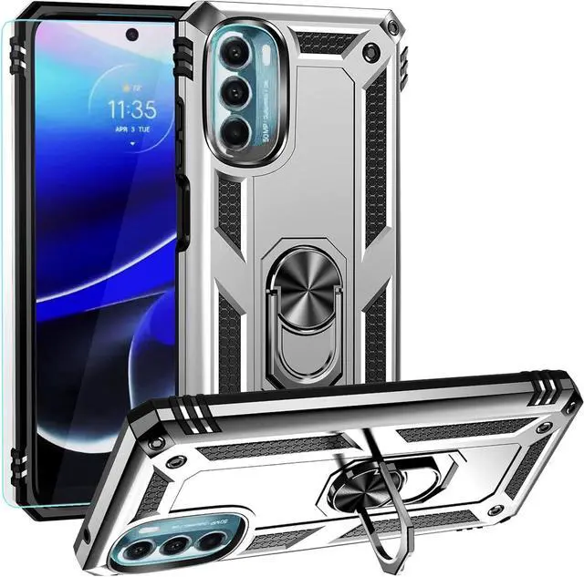 Main image of Motorola Moto G 5G 2022 Case with Screen Protector, Military Grade 16ft Drop Tested Magnetic Ring Holder Kickstand Protective Phone Case, Silver