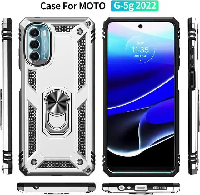 Alt view image 7 of 7 - Motorola Moto G 5G 2022 Case with Screen Protector, Military Grade 16ft Drop Tested Magnetic Ring Holder Kickstand Protective Phone Case, Silver