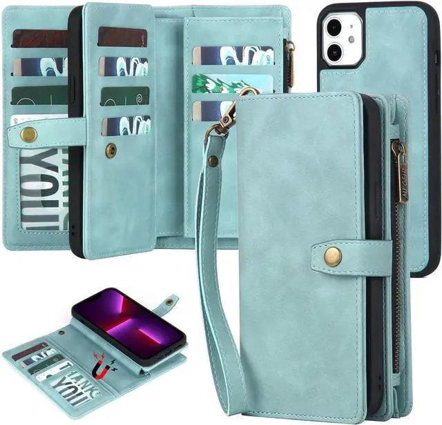 Main image of TwoHead for iPhone 11 Wallet Case with Card Holder & Detachable Magnetic Phone Case, PU Leather Case Wallet for Women/Men with Wrist Strap (Blue)